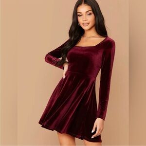Burgundy, long sleeve velvet square neck dress from Shein size small